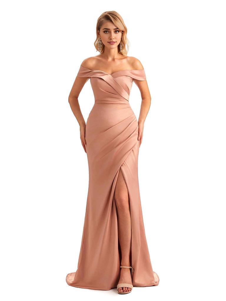 Off Shoulder Side Slit Mermaid Silky Satin Unique Long Formal Wedding 