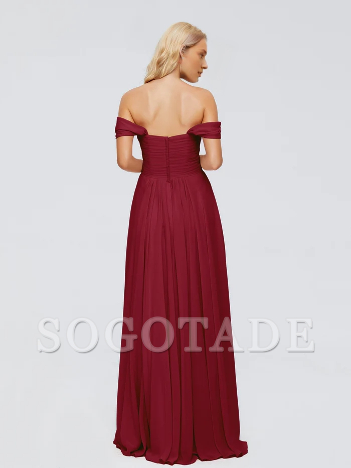 Off shoulder chiffon and floor length bridesmaid dress