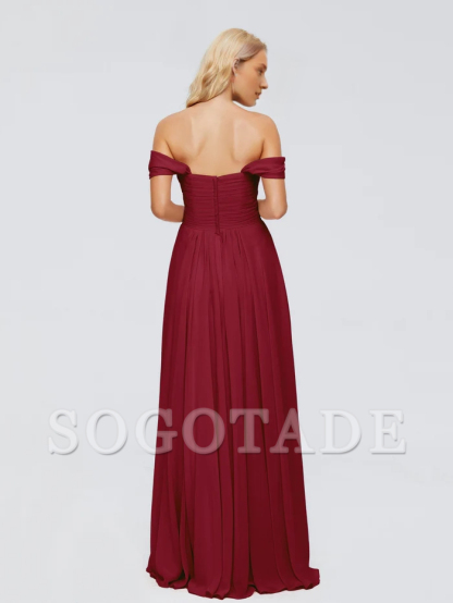 Off shoulder chiffon and floor length bridesmaid dress