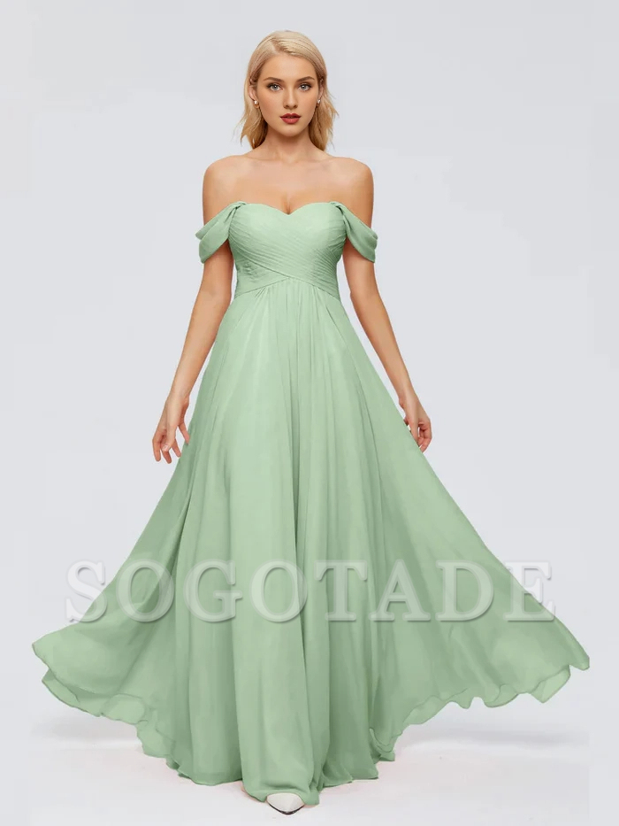 Off shoulder chiffon and floor length bridesmaid dress