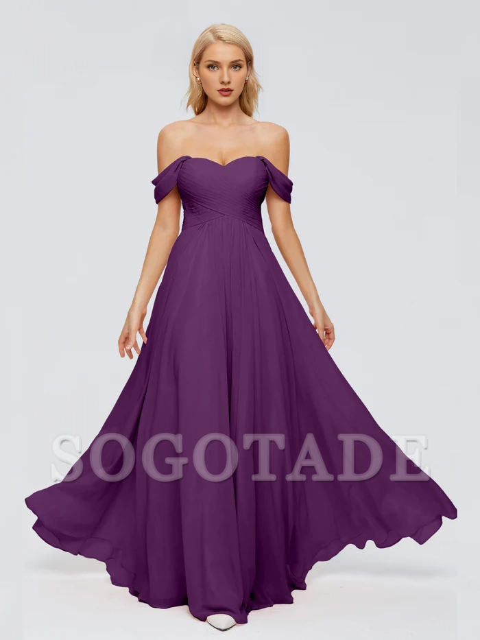 Off shoulder chiffon and floor length bridesmaid dress