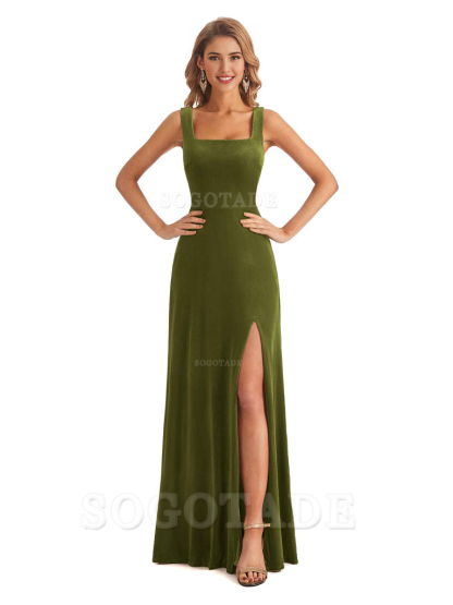 Elegant A Line Sheath Velvet Square Side Fork Long Bridesmaid Dresses Formal Women's Dresses Wedding Guests Dresses