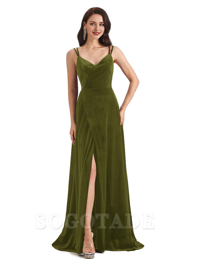 Sexy Velvet Long Bridesmaid Dresses Spaghetti Straps Open Back with Side Slit