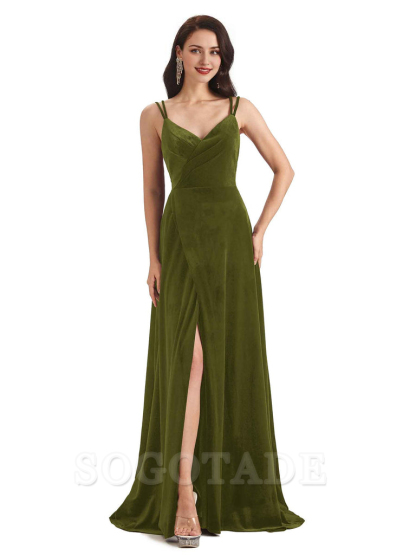 Sexy Velvet Long Bridesmaid Dresses Spaghetti Straps Open Back with Side Slit