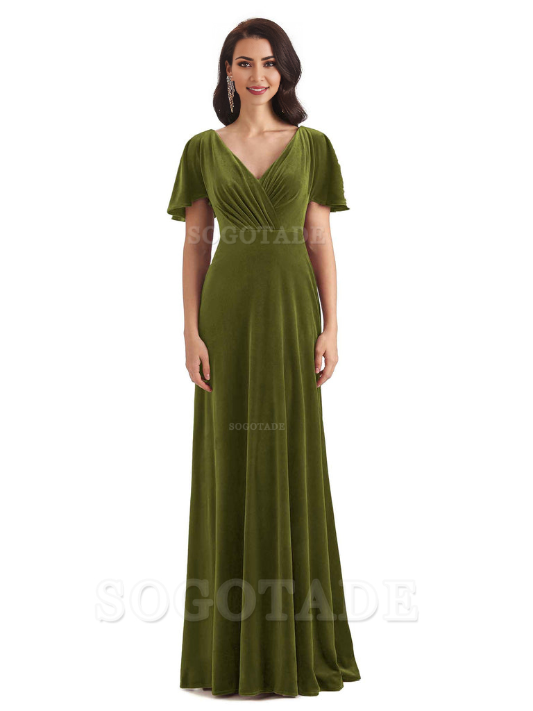V-Neck Sexy See Through Short Sleeves Lace up Velvet Long Bridesmaid Dresses Formal Women's Dresses Wedding Guests Dresses