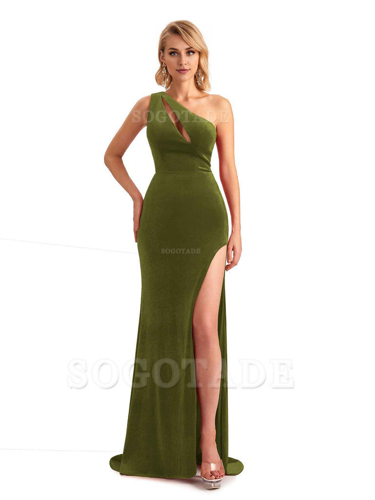 Sexy Sleeveless Floor Length Mermaid One Shoulder Side Slit Velvet Long Bridesmaid Dresses