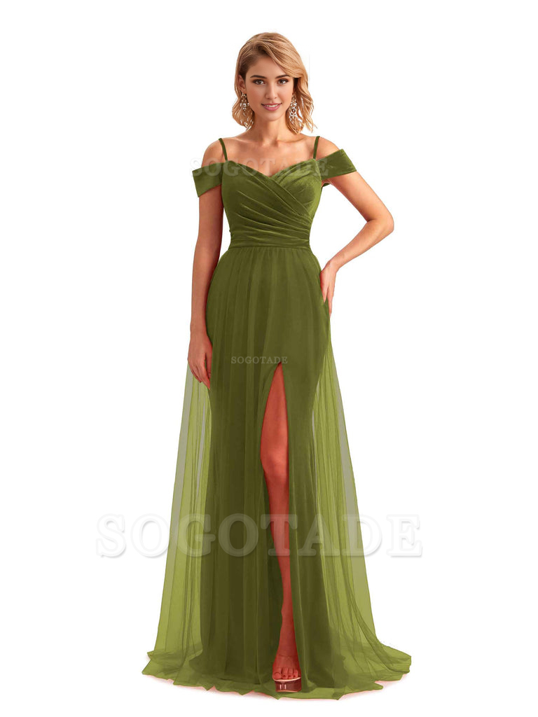 Elegant Mermaid Spaghetti Straps Floor Length Cold Shoulder Side Slit Tulle Velvet Long Bridesmaid Dresses