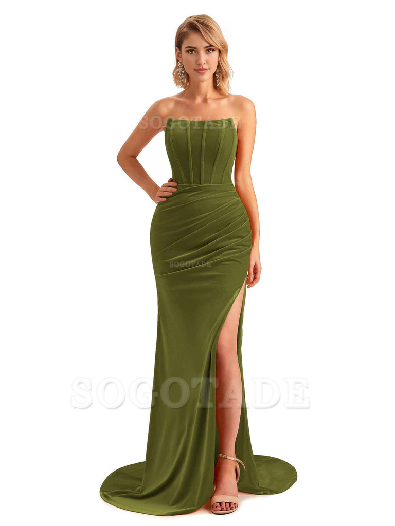  Sexy Side Hight Slit Sleeveless Mermaid Strapless Velvet Long Bridesmaid Dresses Online