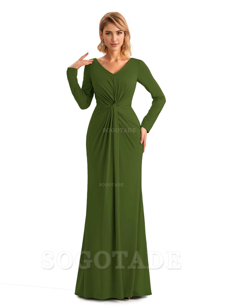 Elegant Simple Mermaid Pleats V-neck Long-Sleeves Floor Length Long Formal Bridesmaid Dresses