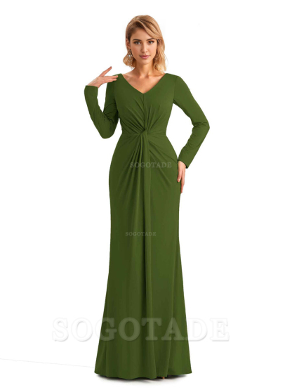 Elegant Simple Mermaid Pleats V-neck Long-Sleeves Floor Length Long Formal Bridesmaid Dresses