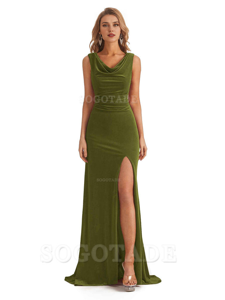 Sexy Mermaid Cowl Velvet Long Open Back Side Fork Bridesmaid Dresses Formal Wear Dresses