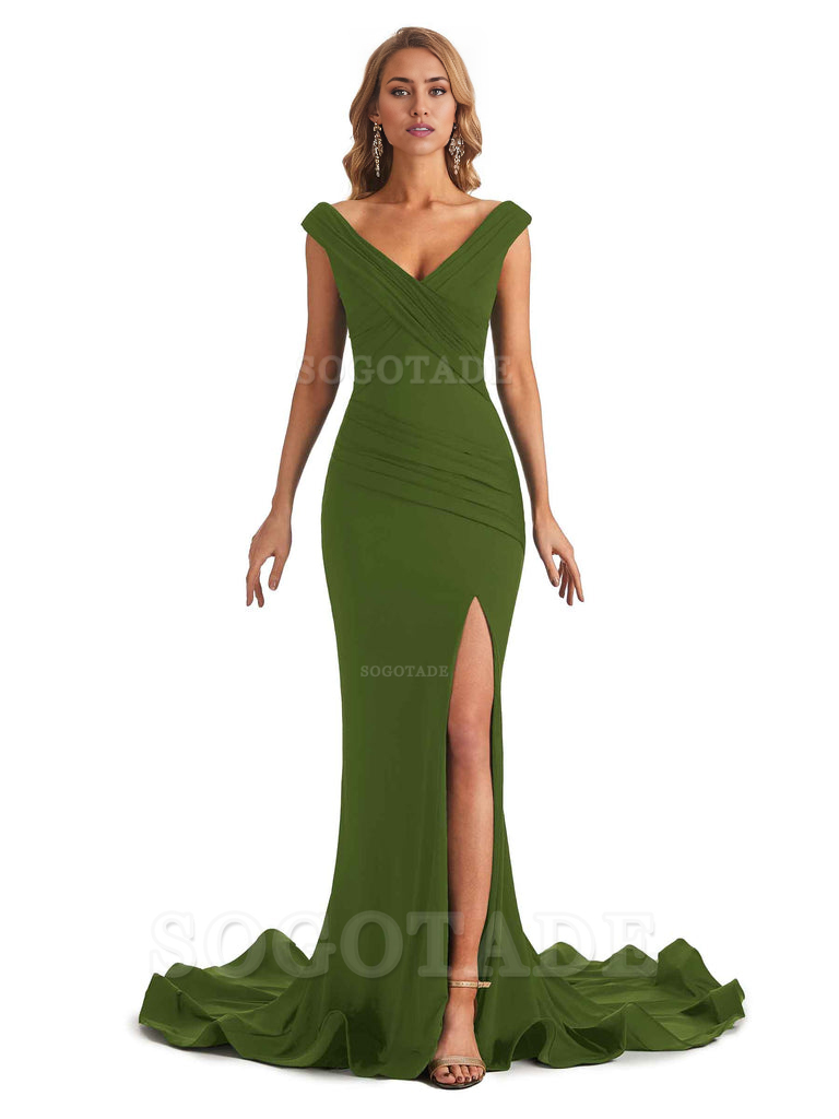 Sexy Mermaid V-Neck Off The Shoulder Side Fork Long Fashion Bridesmaid Dresses Formal Women's Dresses Wedding Guests Dresses