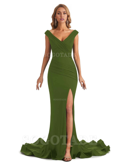 Sexy Mermaid V-Neck Off The Shoulder Side Fork Long Fashion Bridesmaid Dresses Formal Women's Dresses Wedding Guests Dresses