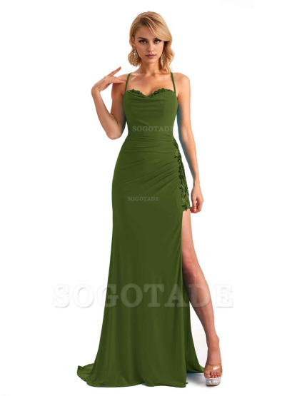 Mermaid Spaghetti Straps Side Slit Lace Stretchy Jersey Long Formal Bridesmaid Dresses