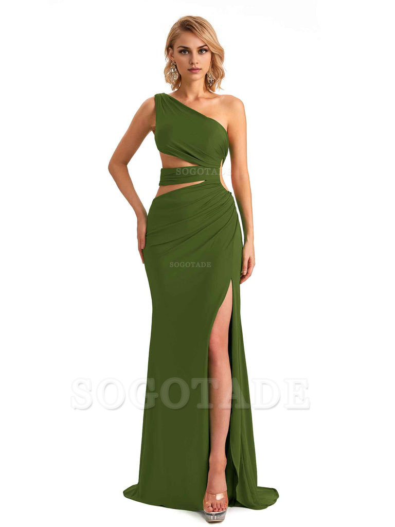 Elegant Mermaid One Shoulder Side Slit Stretchy Jersey Long Formal Bridesmaid Dresses