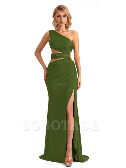 Elegant Mermaid One Shoulder Side Slit Stretchy Jersey Long Formal Bridesmaid Dresses