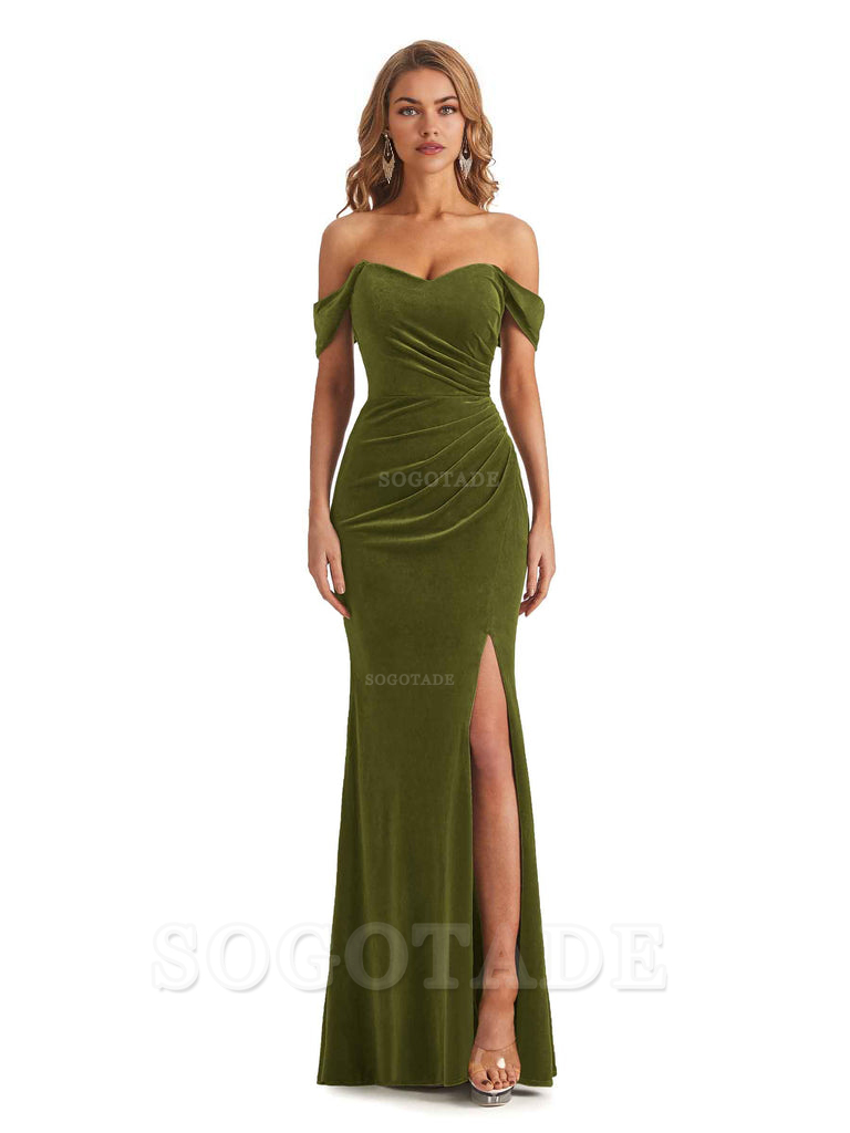 Elegant Mermaid Off Shoulder Pleats Velvet Side Slit Long Bridesmaid Dresses Evening Party Dress