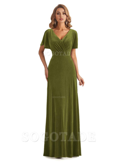 Elegant Mermaid V-neck Short Sleeves Unique Velvet Long Bridesmaid Dresses