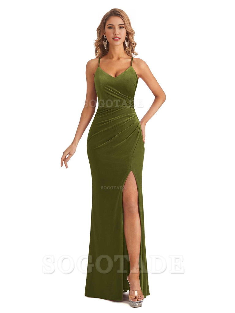 Elegant Mermaid Spaghetti Straps V-Neck Velvet Side Slit Long Bridesmaid Dresses Bridesmaid Dresses Formal Wear Dresses