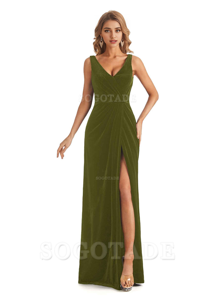 V-Neck Sexy Side Slit Spaghetti Straps Pleated Velvet Long Bridesmaid Dresses Formal Wear Dresses