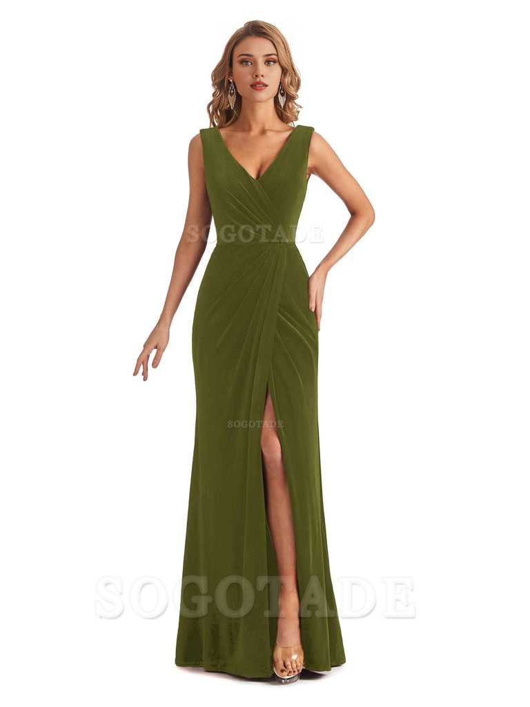 Sexy Deep V-Neck Sheath Velvet Side Slit Long Elegant Bridesmaid Dresses Formal Women's Dresses Wedding Guests Dresses