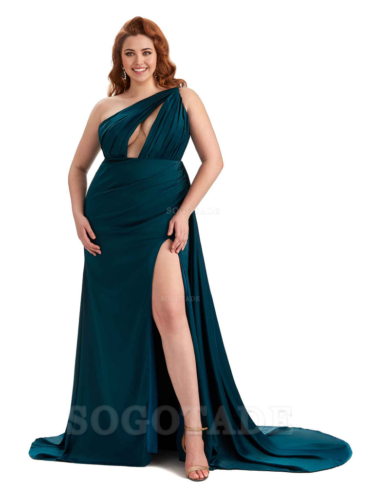 One Shoulder Sleeveless Sexy Side Slit Mermaid Soft Satin Long Plus Size Bridesmaid Dresses Online