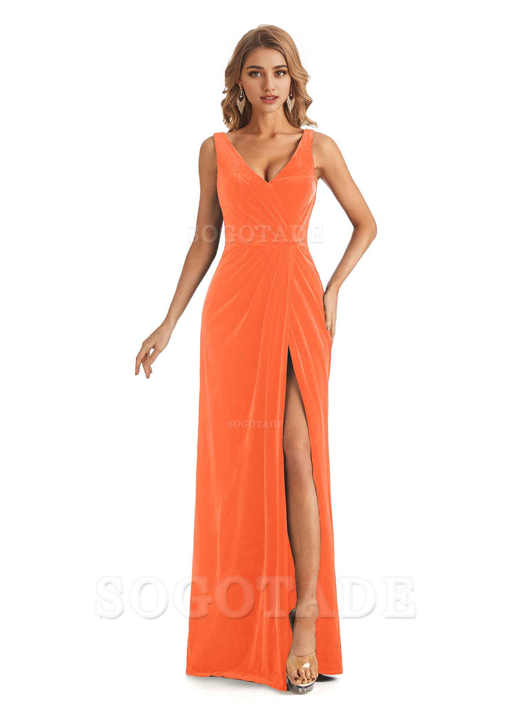 V-Neck Sexy Side Slit Spaghetti Straps Pleated Velvet Long Bridesmaid Dresses Formal Wear Dresses
