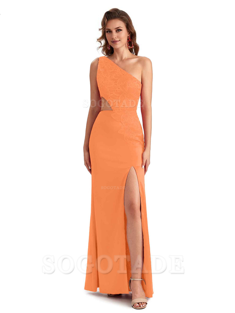 Sexy Side Slit Mermaid Lace Silky Satin One Shoulder Chic Long Bridesmaid Dresses