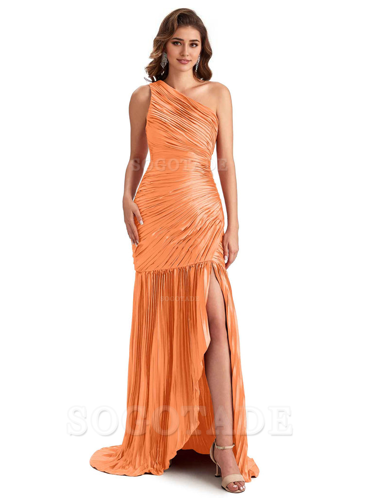 Sexy Side Slit Mermaid Soft Satin One Shoulder Long Ladies Bridesmaid Dresses Online