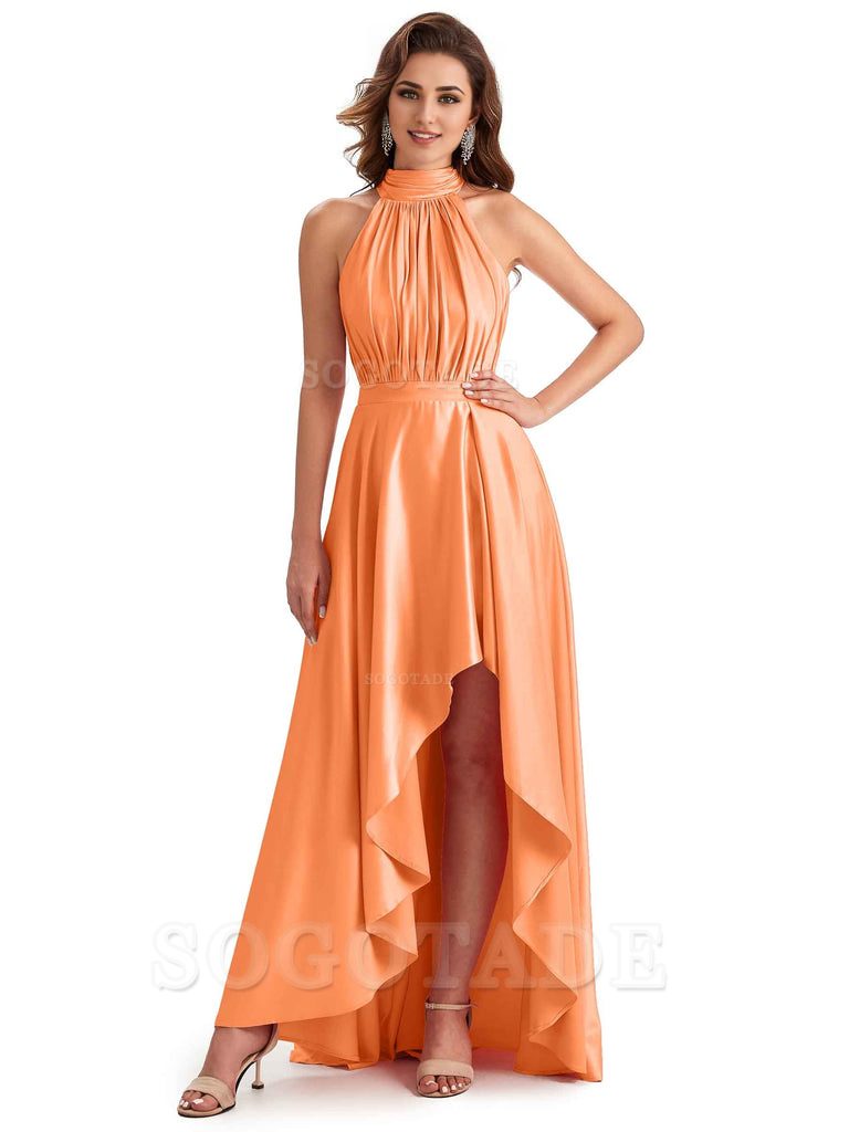 Soft Satin High Neck High Low A-Line Unique Bridesmaid Dresses Online