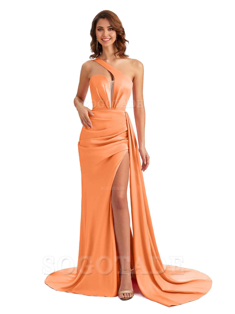 Mermaid One Shoulder Satin formal dresses evening gown Bridesmaid Dresses With Side Slit