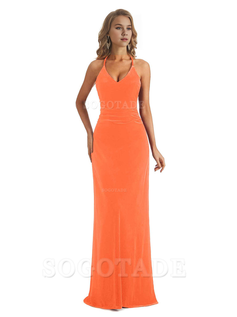 Elegant V-Neck Halter Backless Mermaid Velvet Long Wedding Party Dress