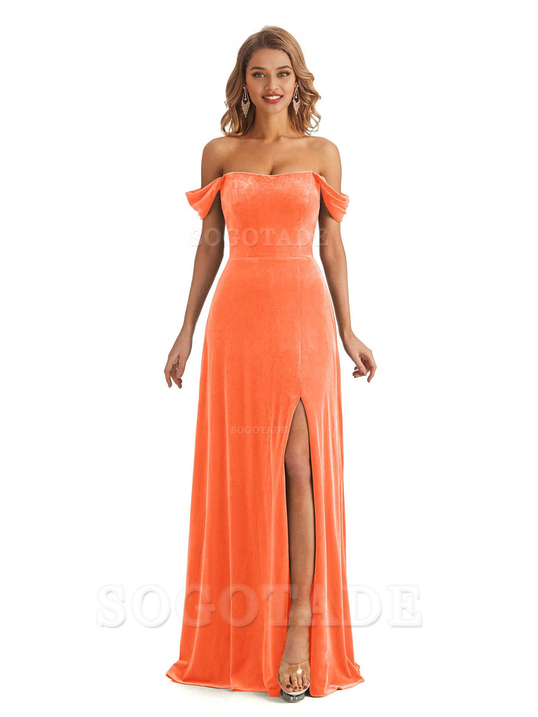 Elegant Mermaid Off The Shoulder Unique Velvet Side Slit Backless Long Bridesmaid Dresses Formal Wear Dresses