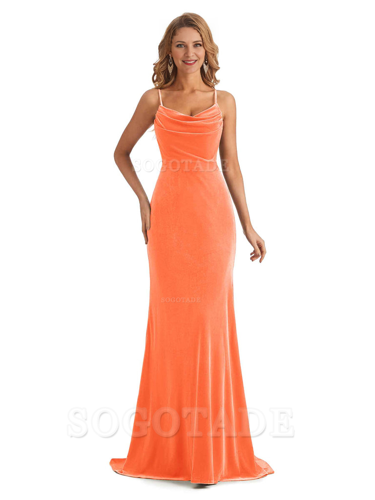 Elegant High Quality Mermaid Spaghetti Straps Cowl Velvet Side Slit Long Exquisite Bridesmaid Dresses Formal Women's Dresses Wedding Guests Dresses