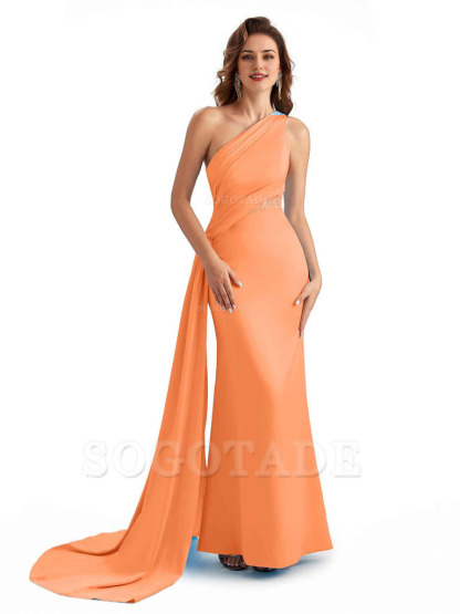 Sexy Mermaid Silky Satin One Shoulder Lace See Through Long Bridesmaid Dresses Online