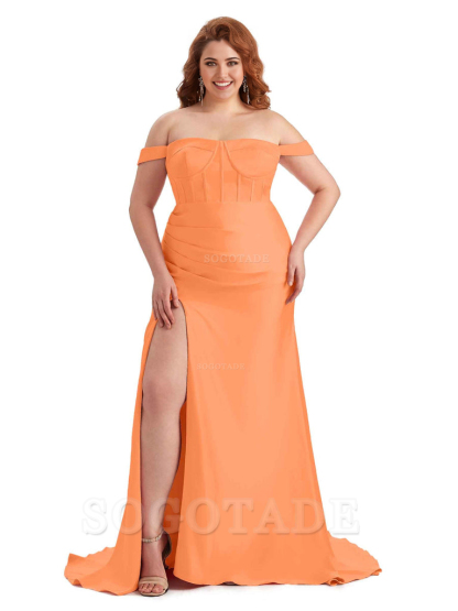 Elegant Off The Shoulder Side Slit Mermaid Soft Satin Floor Length Long Plus Size Bridesmaid Gowns