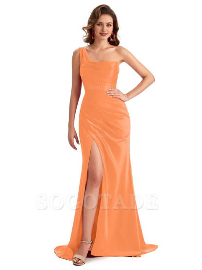 Sexy One Shoulder Side Slit Silky Satin Chic Long Mermaid Trumpet Bridesmaid Dress
