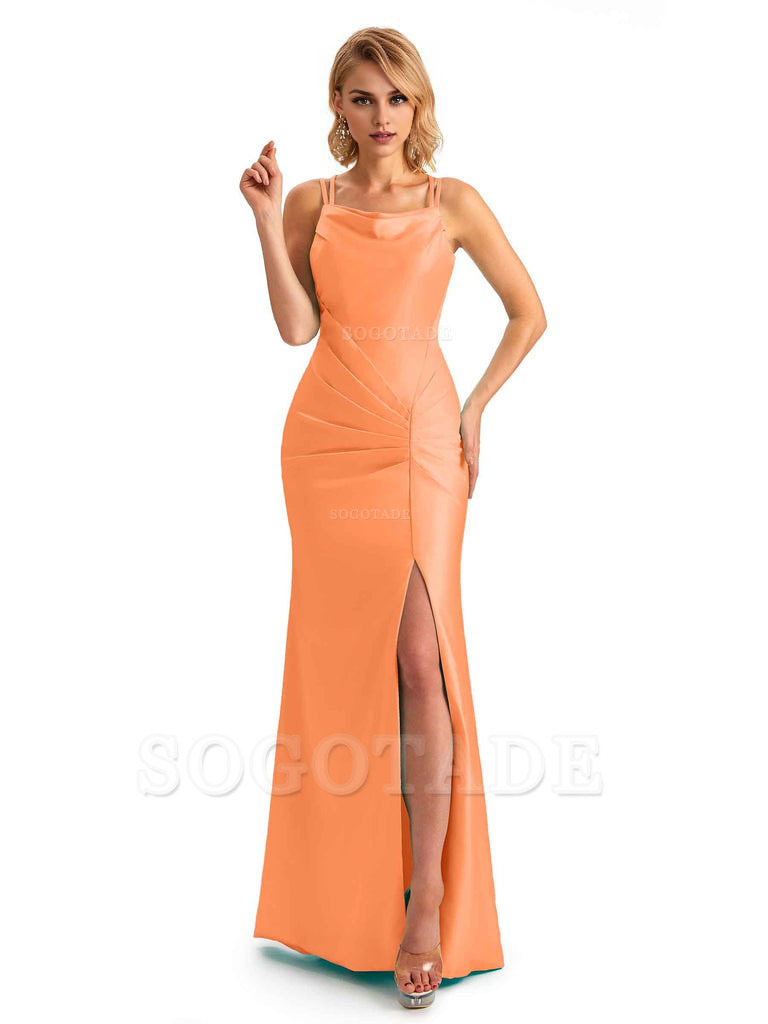 Soft Satin Spaghetti Straps Side Slit Long Unique Mermaid Beautiful Dresses For Wedding