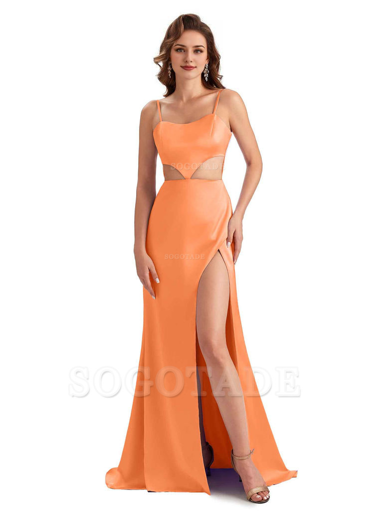 Sexy Satin Side Slit Spaghetti Straps Mermaid Long Unique Curve Wedding Guest Dresses