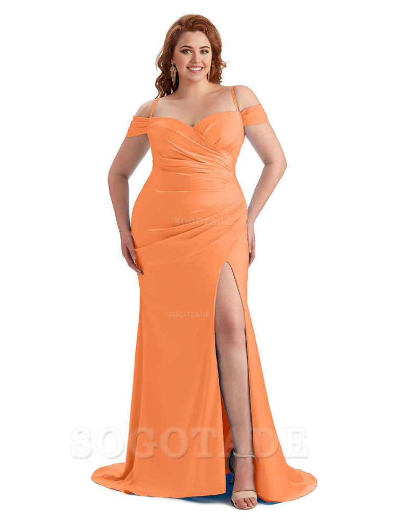Sexy Side Slit Sleeveless Cold Shoulder Mermaid Soft Satin Long Plus Size Maid of Honor Dresses