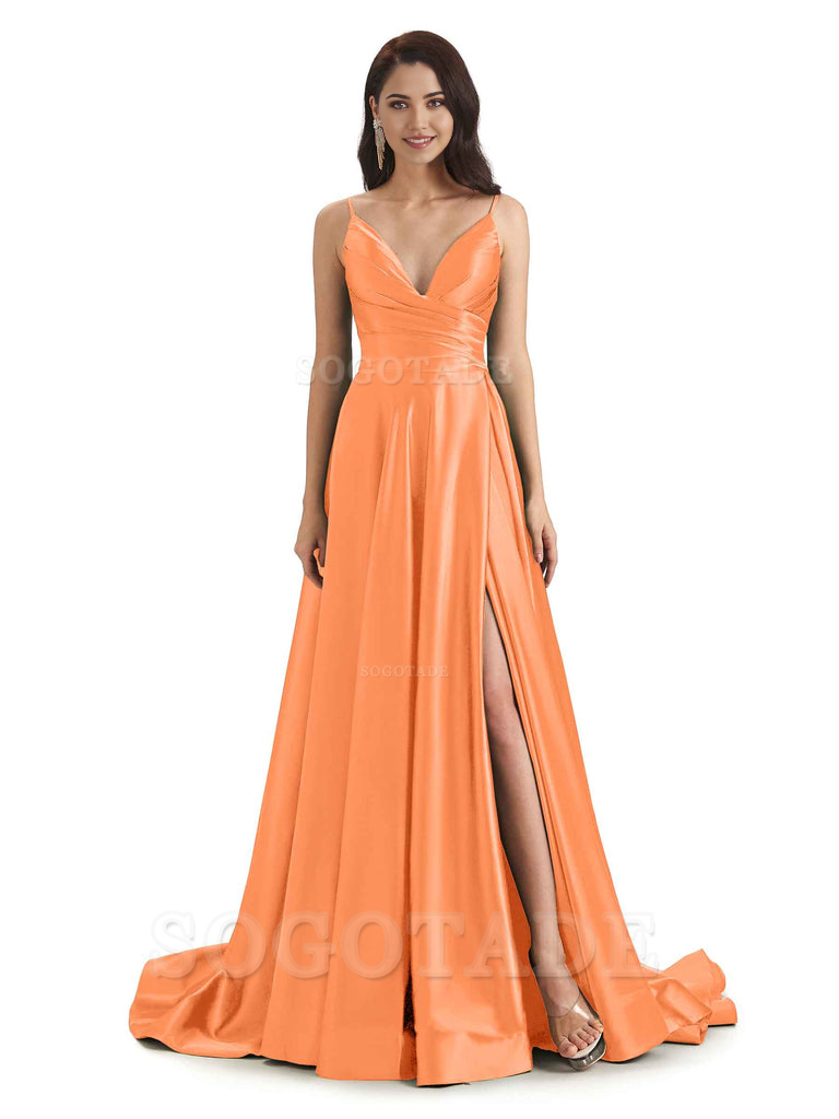 Spaghetti Straps Satin formal dresses evening gown Bridesmaid Dresses With Side Slit 