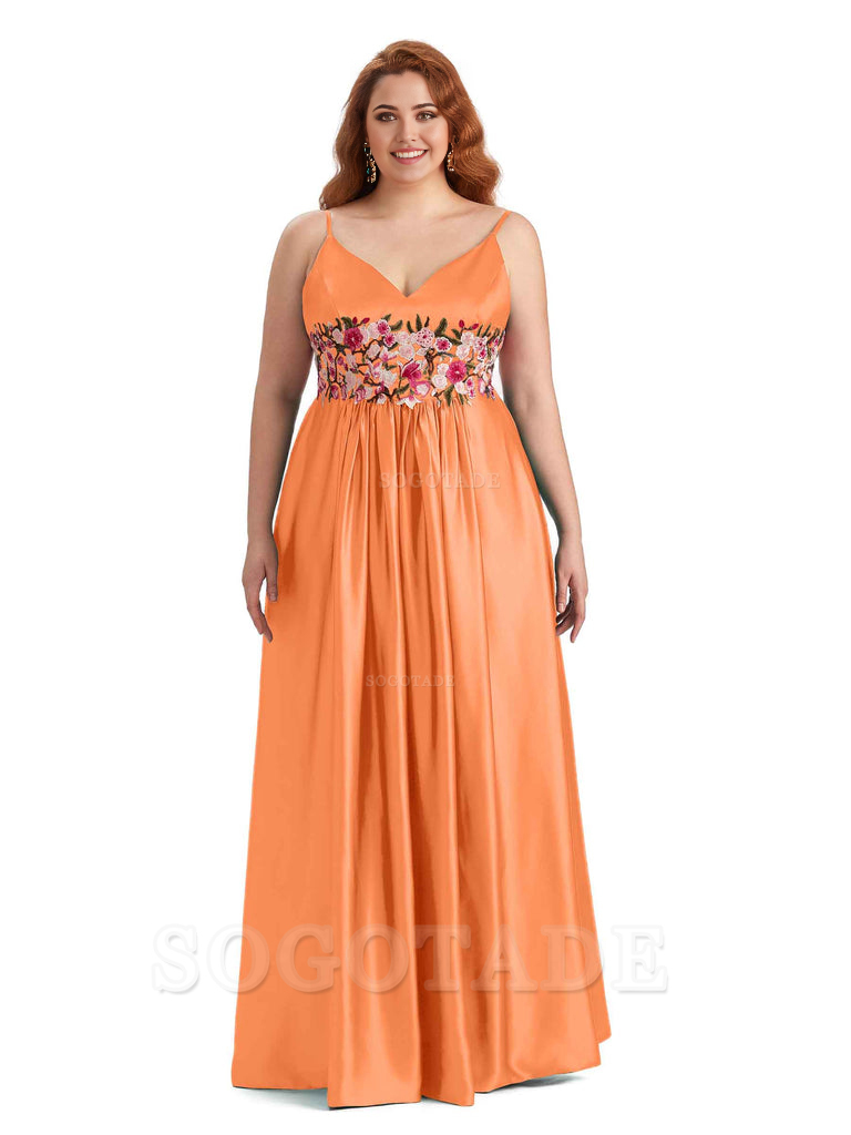 Unique Lace Spaghetti Straps Sleeveless Soft Satin Long Plus Size Bridesmaid Dress For Wedding