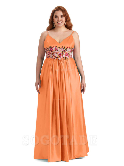 Unique Lace Spaghetti Straps Sleeveless Soft Satin Long Plus Size Bridesmaid Dress For Wedding