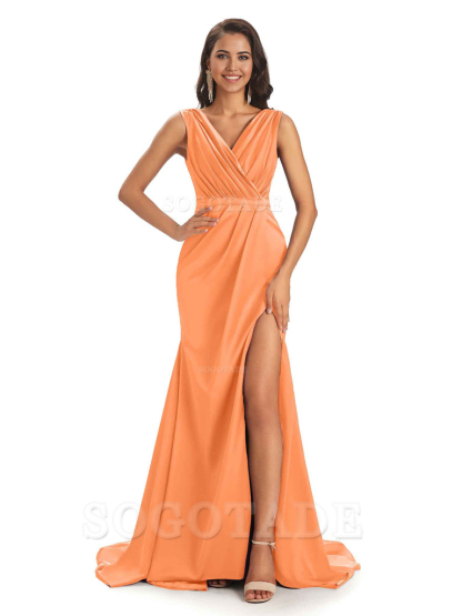 A-line V-neck Floor-Length Satin formal dresses evening gown Bridesmaid Dresses With Side Slit 