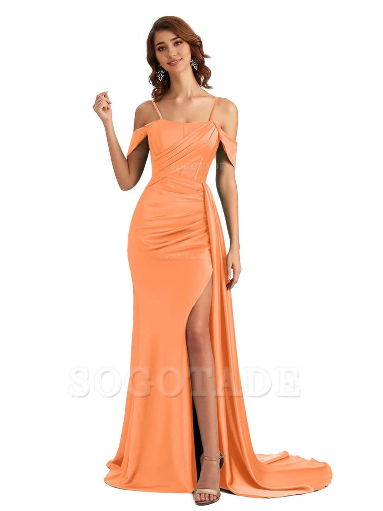 Sexy Side Slit Cold Shoulder Mermaid Satin Chic Long Wedding Guest Dresses