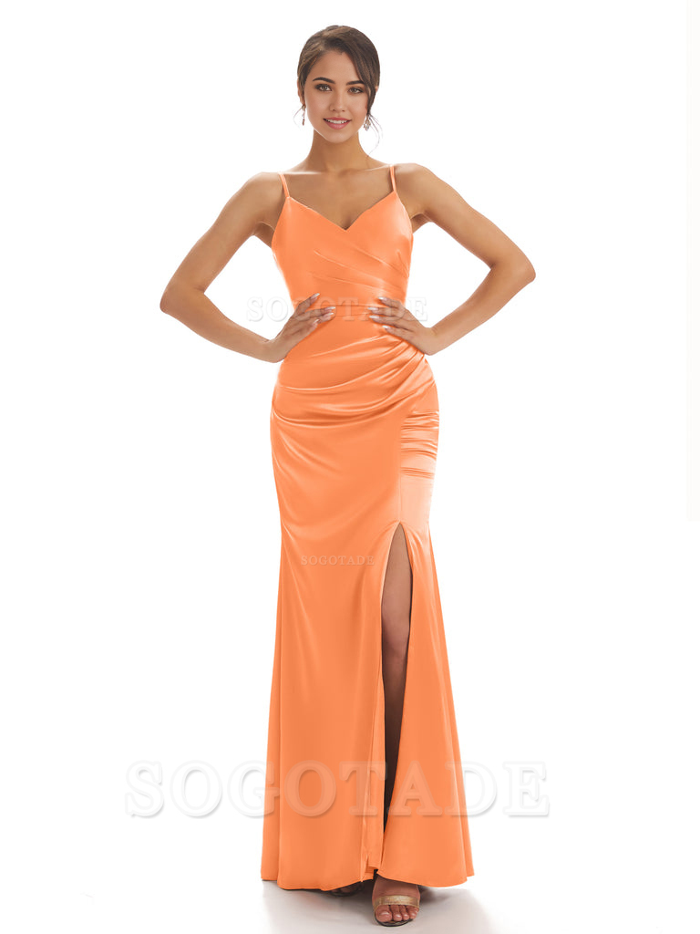 Spaghetti Straps Pleats Satin formal dresses evening gown Bridesmaid Dresses With Side Slit 