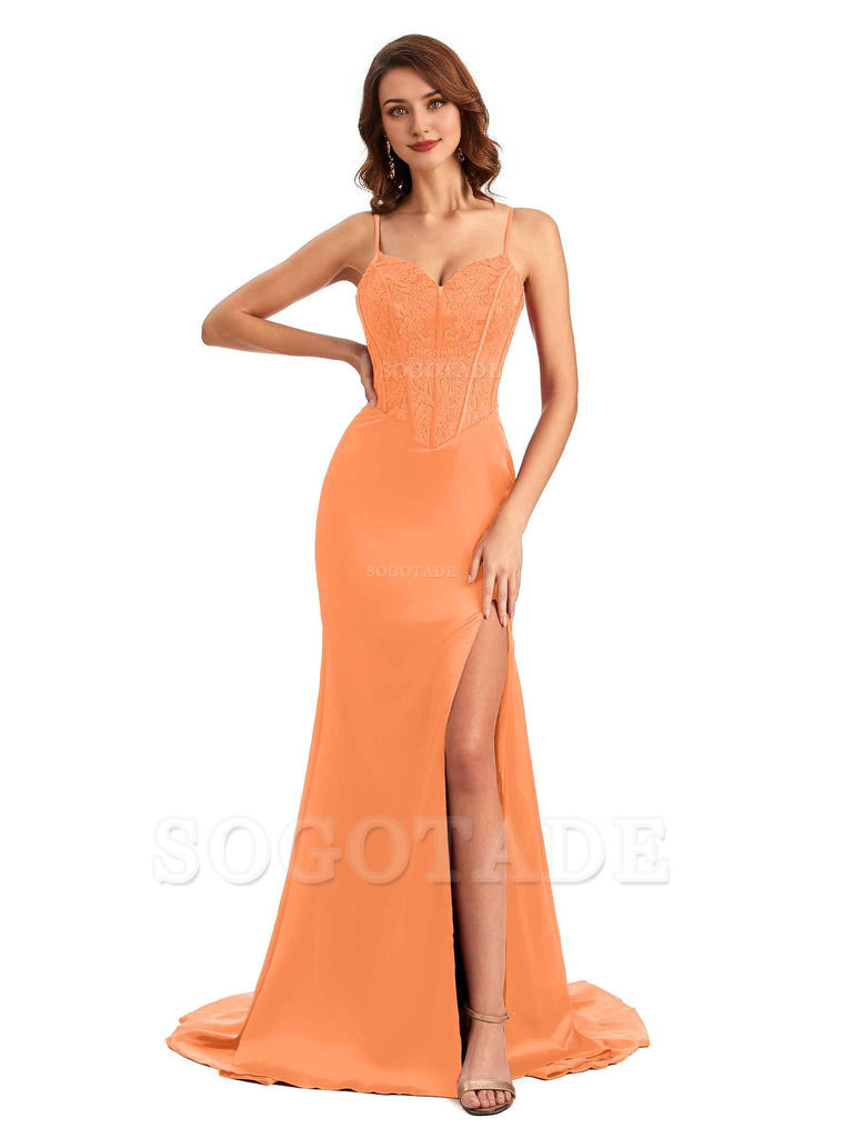 Sexy Side Slit Mermaid Silky Satin V-Neck Lace Unique Dresses