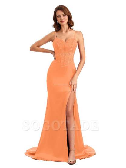 Sexy Side Slit Mermaid Silky Satin V-Neck Lace Unique Long Bridesmaid Dresses
