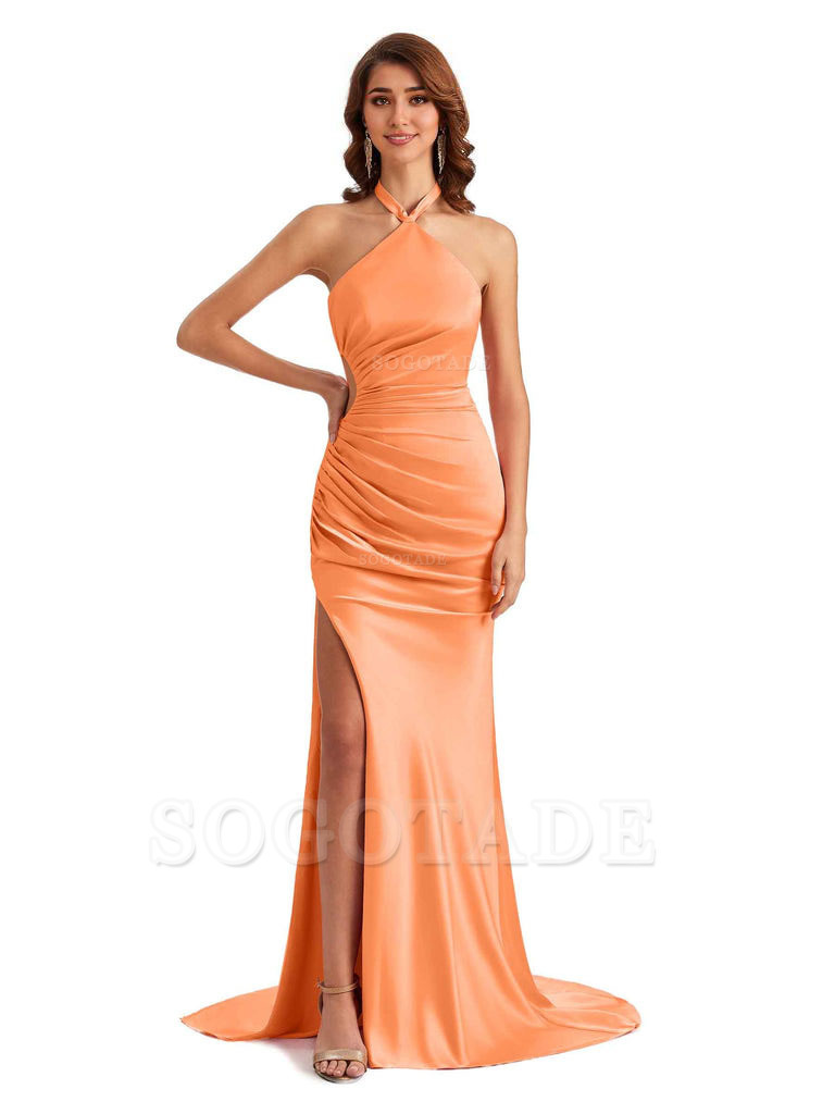 Sexy Halter Mermaid Silky Satin Unique Long Formal Wedding Guest Dresses