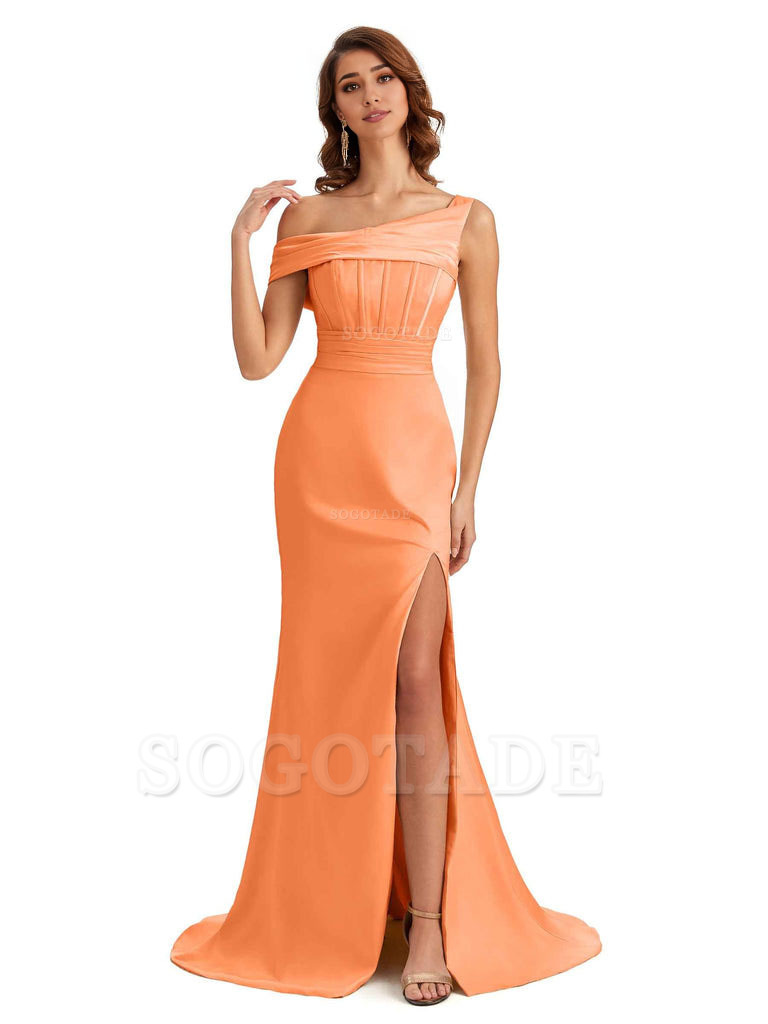 Elegant Asymmetrical Neck Soft Satin Side Slit Long Mermaid Bridesmaid Dresses